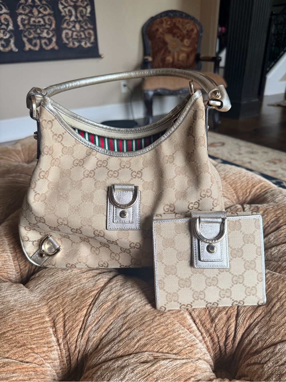 Gucci Beige GG Canvas Shoulder Bag with Gold Trim and Matching Wallet